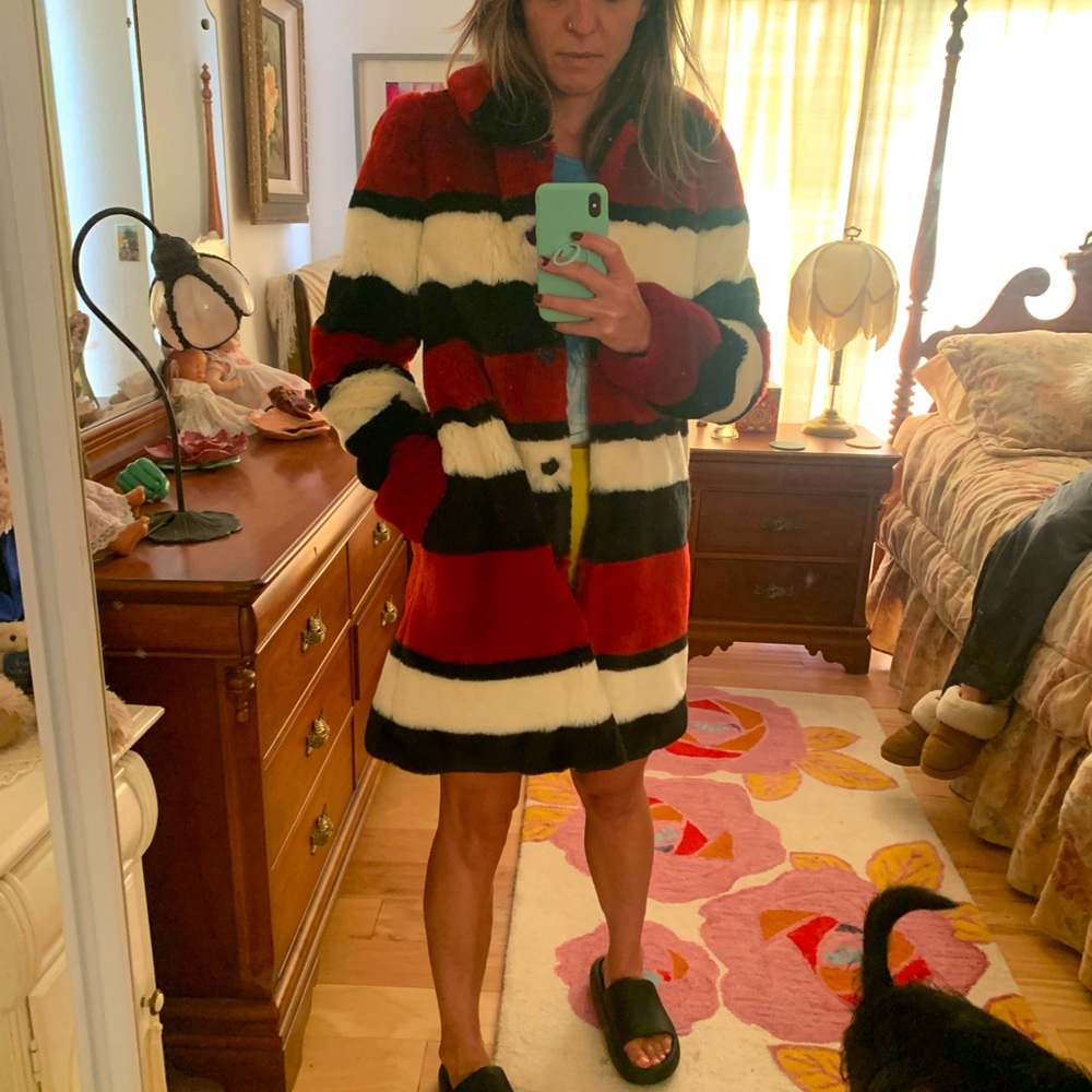 Alice & Olivia colorblocked striped faux fur jacket